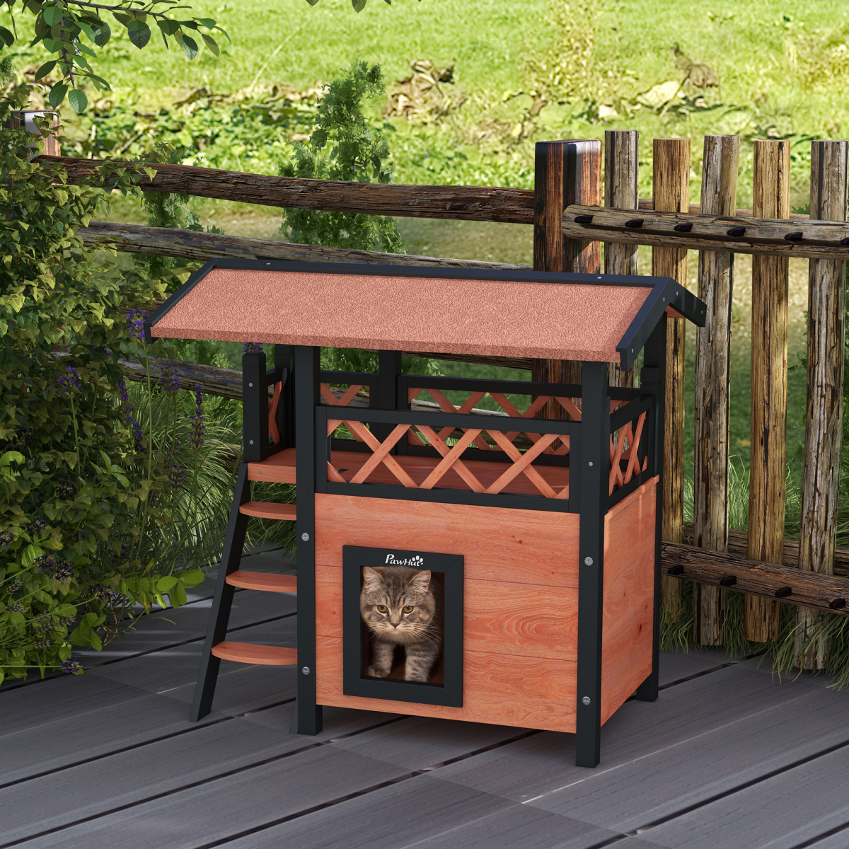 The 'Cabin' – Outdoor Fir Wood Cat House with Balcony & Weatherproof Roof