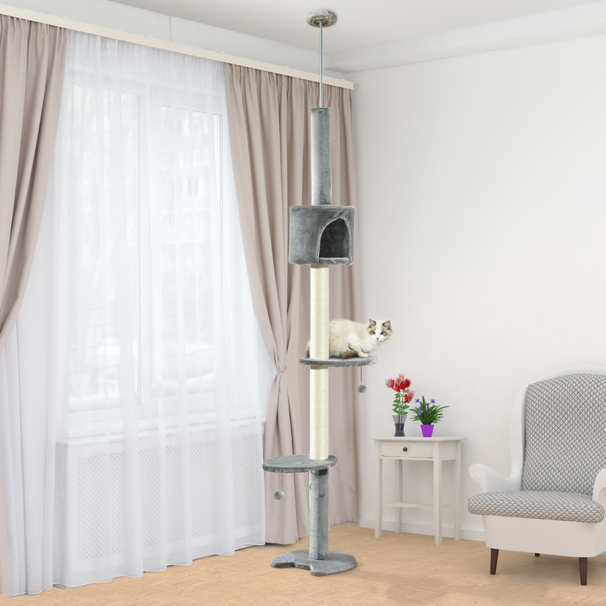 The 'Spire' – 217cm Four-Platform Cat Tower with Plush Summit House
