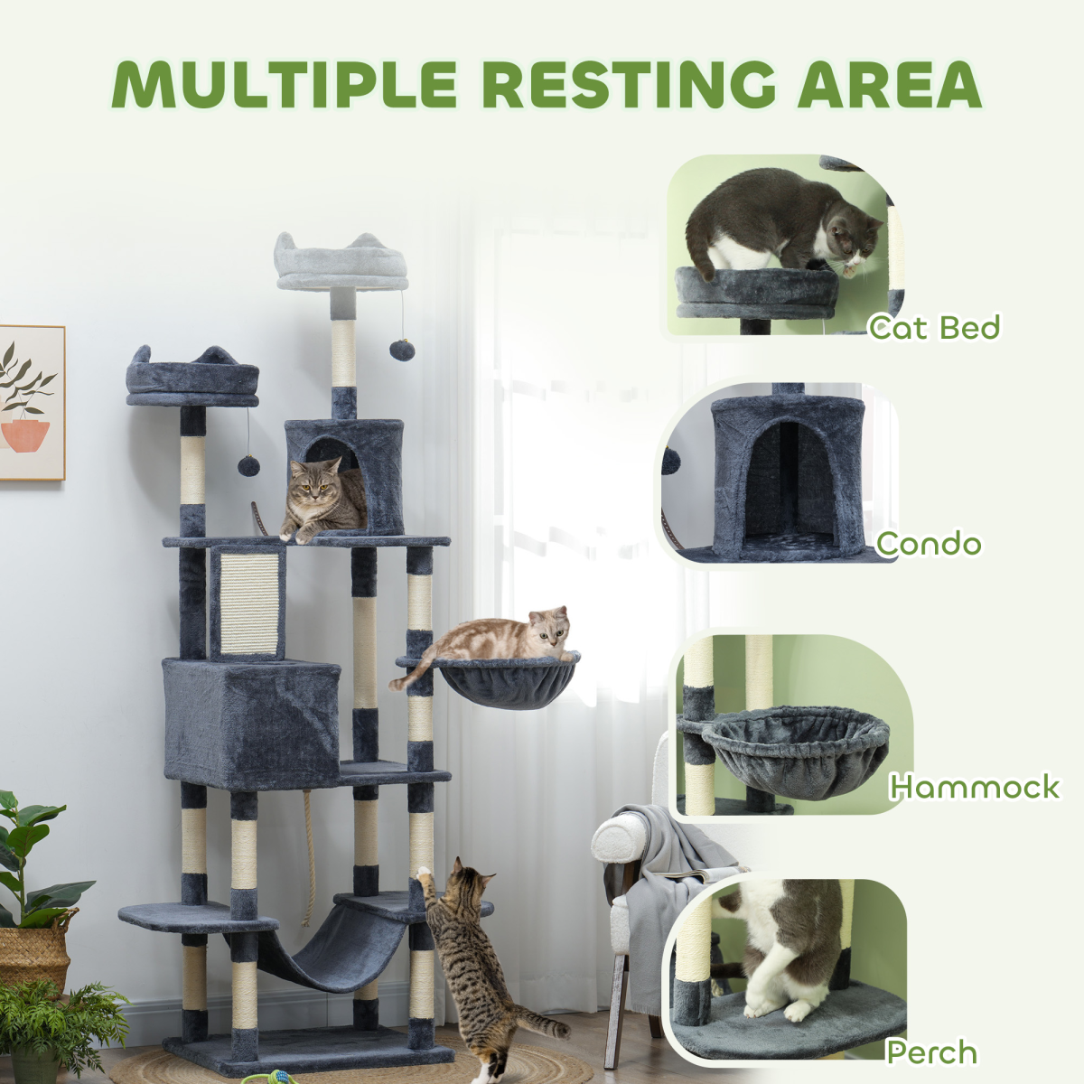 The 'Sovereign' – 206cm Cat Tower with Twin Condos, Hammocks & Wall Anchor