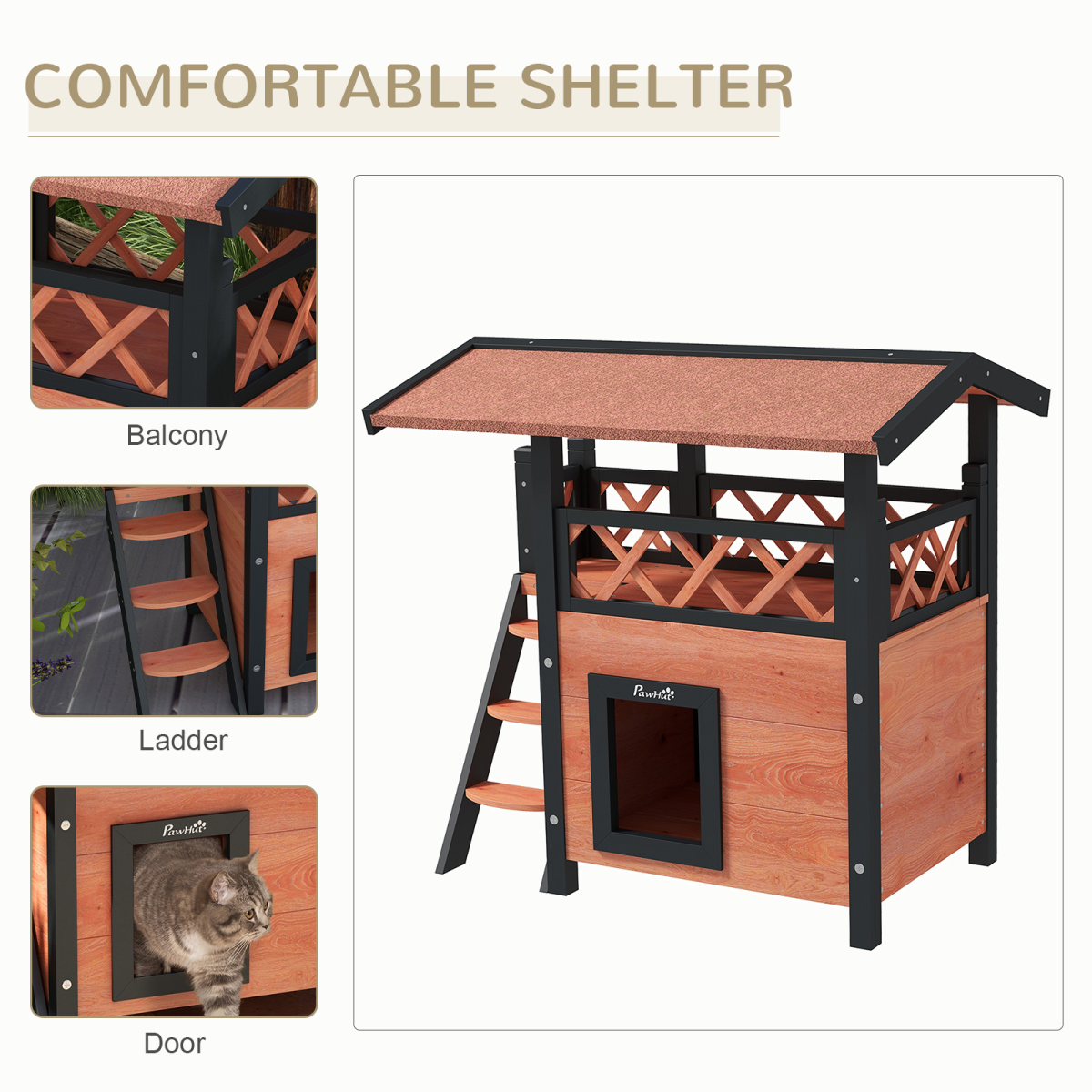 The 'Cabin' – Outdoor Fir Wood Cat House with Balcony & Weatherproof Roof