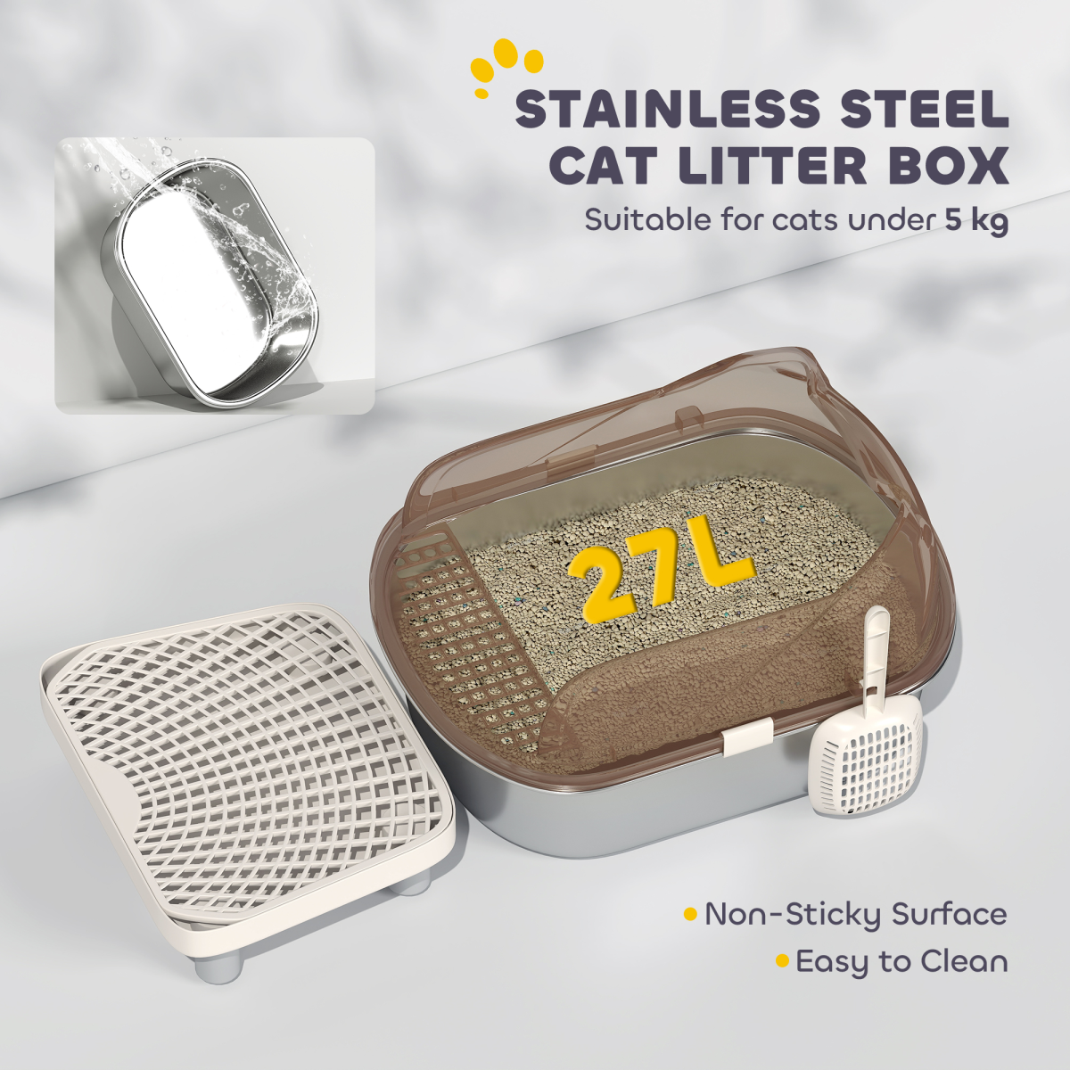 The 'Slate' – High-Sided Stainless-Lined Litter Tray with Sand Drop Step