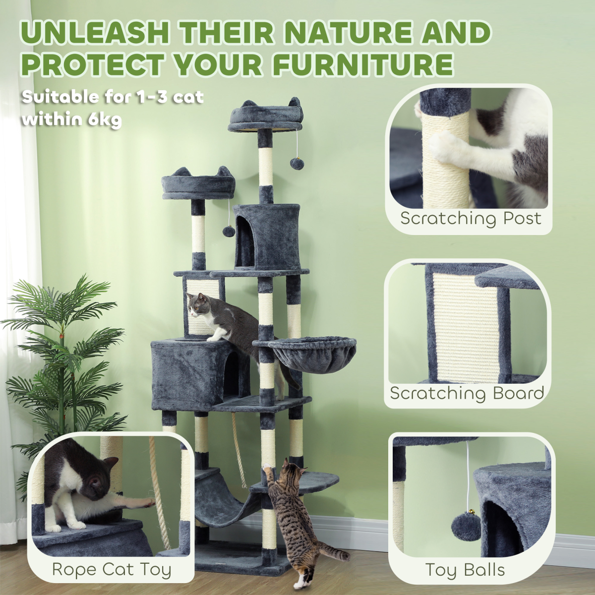 The 'Sovereign' – 206cm Cat Tower with Twin Condos, Hammocks & Wall Anchor