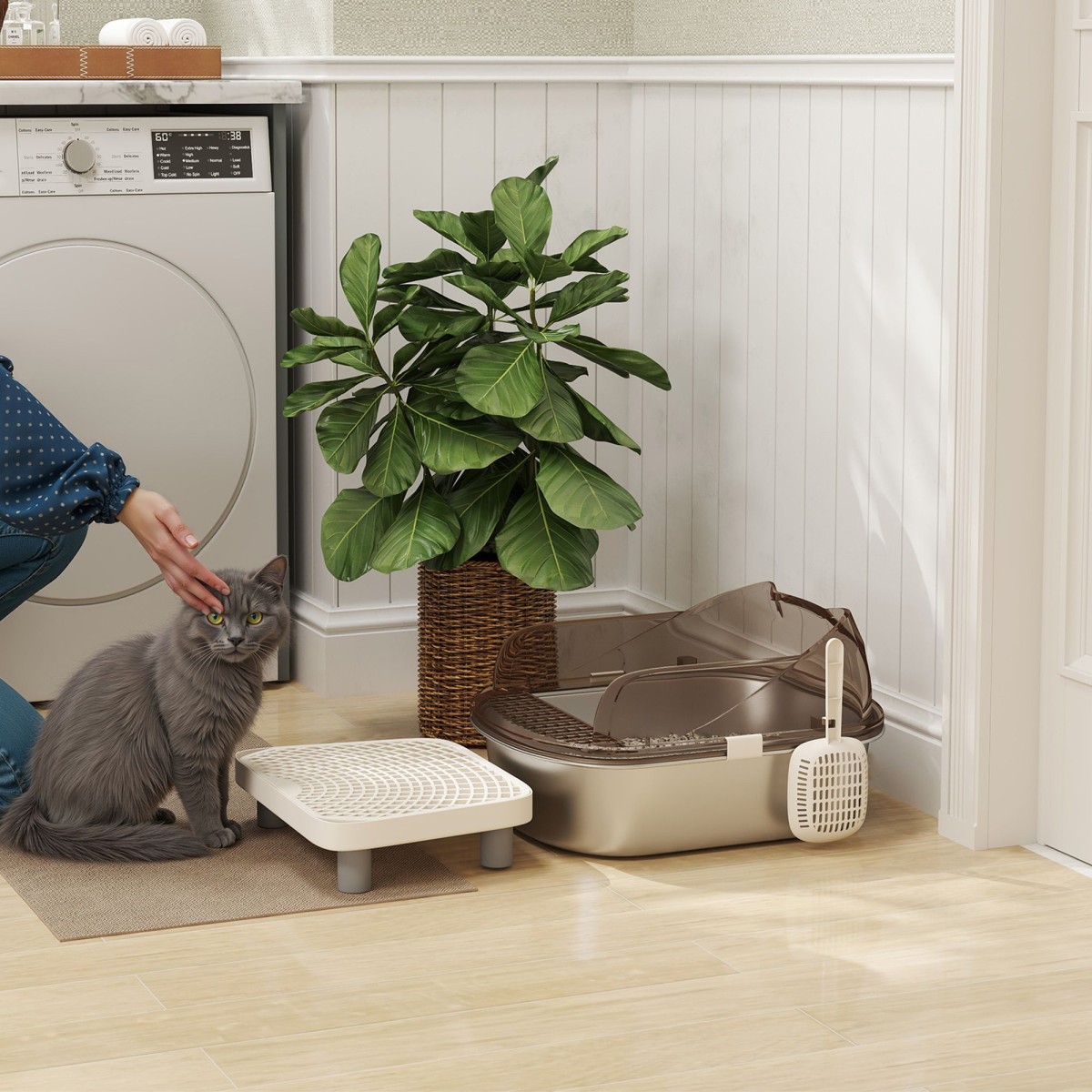 The 'Slate' – High-Sided Stainless-Lined Litter Tray with Sand Drop Step